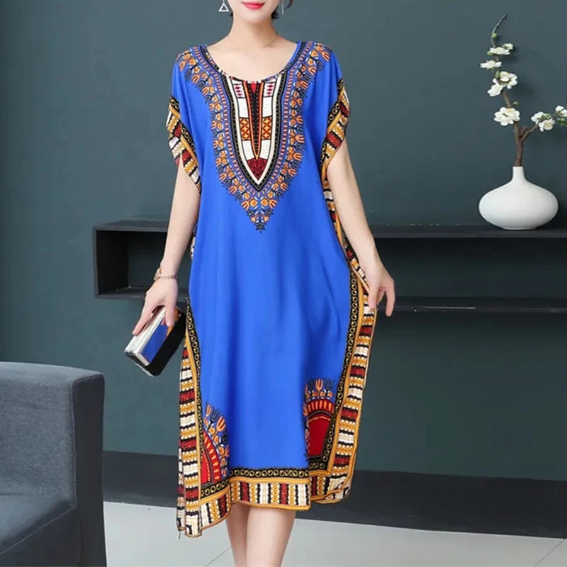 2025 Summer New Casual Elegant Retro Bohemian Style V-neck Elastic Waist Large Swing Printed Long Skirt Autumn Summer Dress