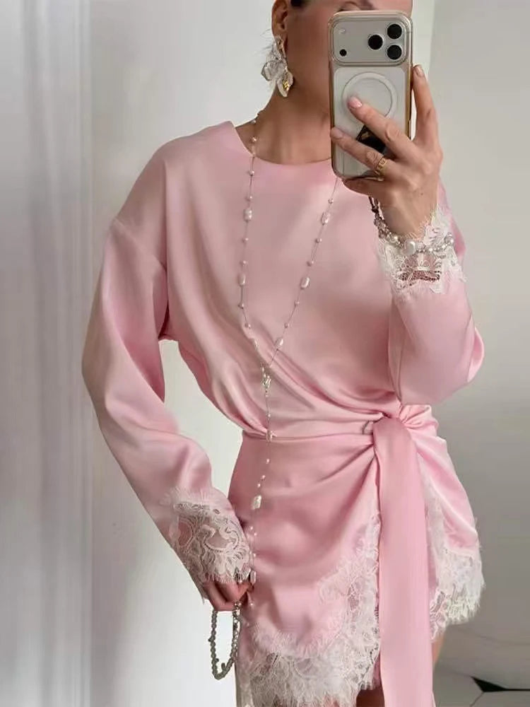 Satin Lace Patchwork Dress Women Long Sleeve O-neck Casual 2026 Spring Female Dresses Casual Solid Beach Robe Not Contain Pearls