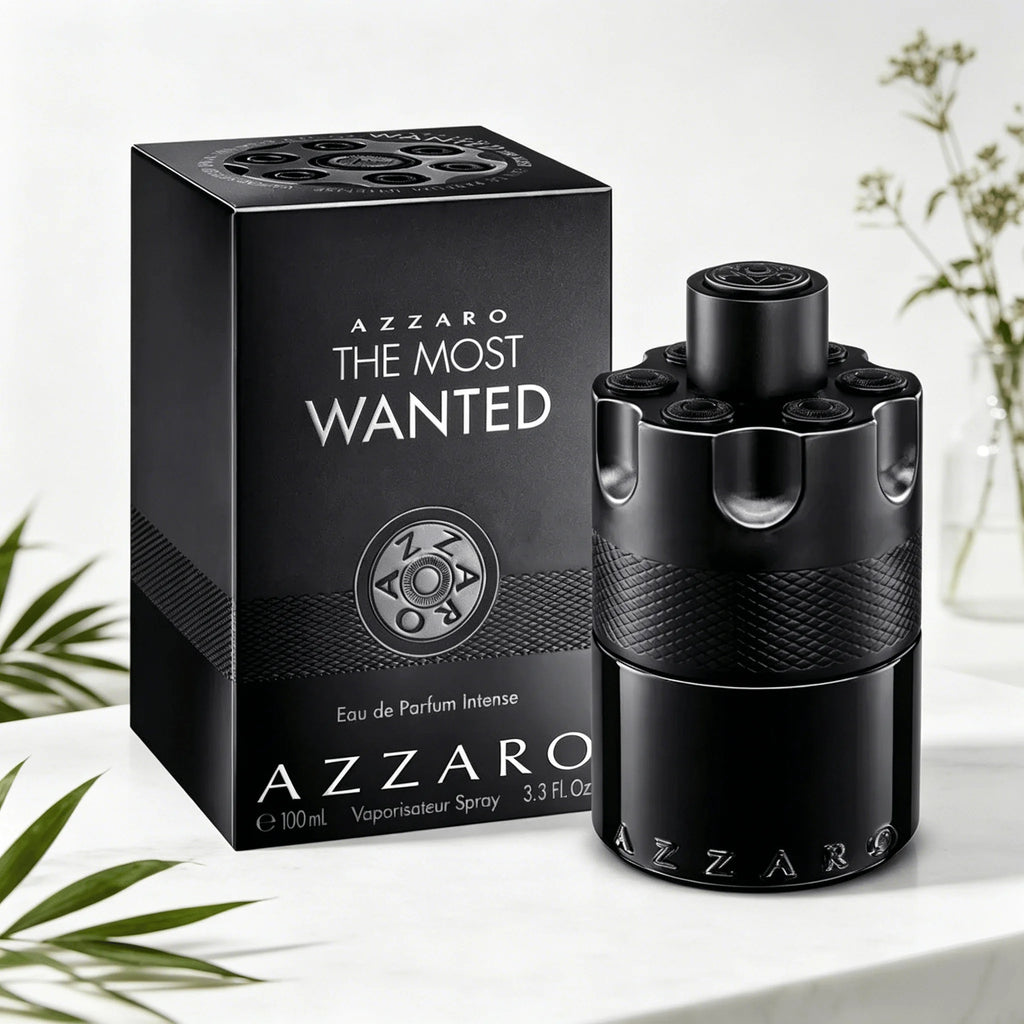 Azzaro The Most Wanted EDP Intense 100ML Perfume For Men Deep Intense Spicy Tobacco Vanilla Woody Aroma Long Lasting Matte Black Bullet Embossed Cylindrical Bottle Complete Black Woven Pattern Box Dating Night Party Present