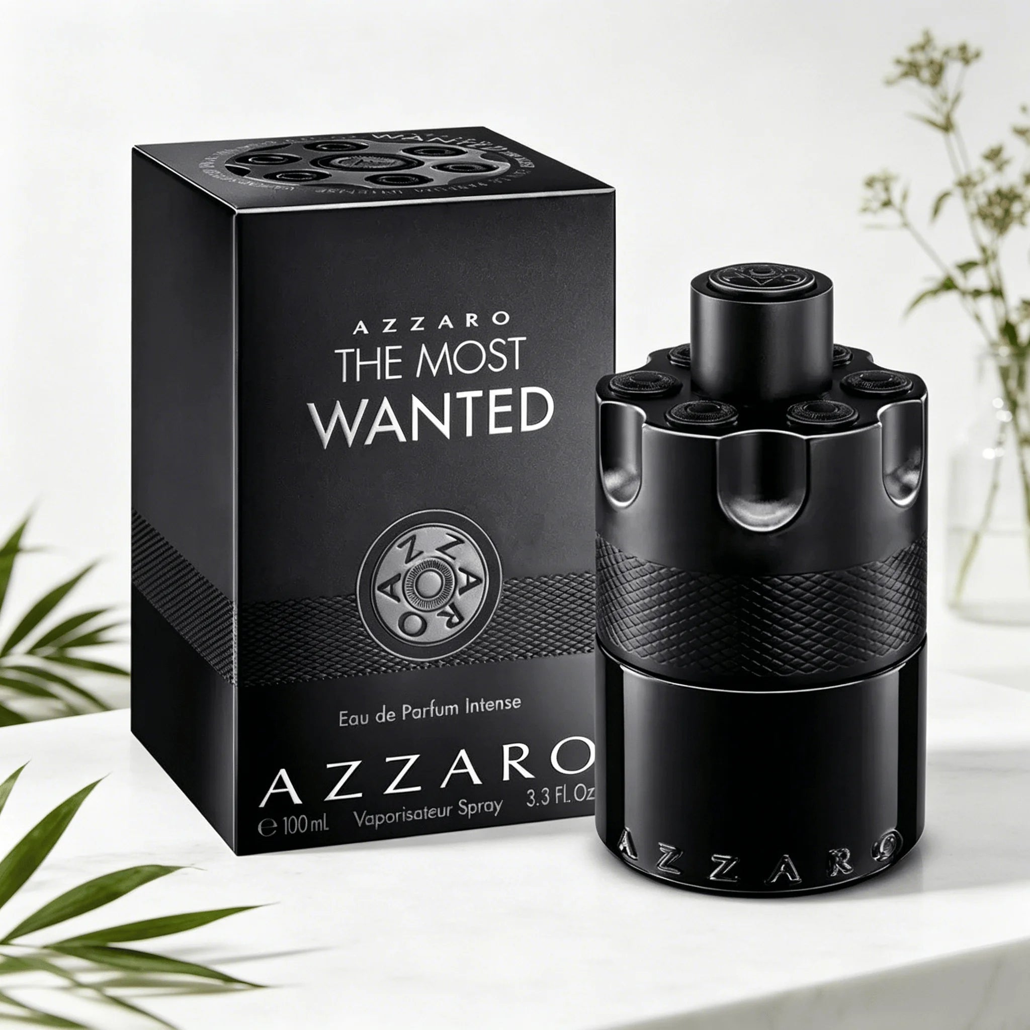 Azzaro The Most Wanted EDP Intense 100ML Perfume For Men Deep Intense Spicy Tobacco Vanilla Woody Aroma Long Lasting Matte Black Bullet Embossed Cylindrical Bottle Complete Black Woven Pattern Box Dating Night Party Present