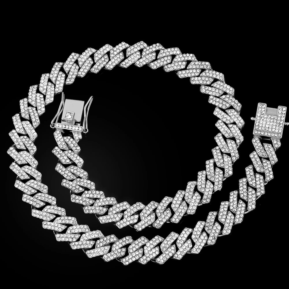 16/18/20/22/24inch Gold Color Cuban Link Chain for Women Men 2 Row Rhinestone Rhombus Prong Cuban Necklaces Hip Hop Jewelry