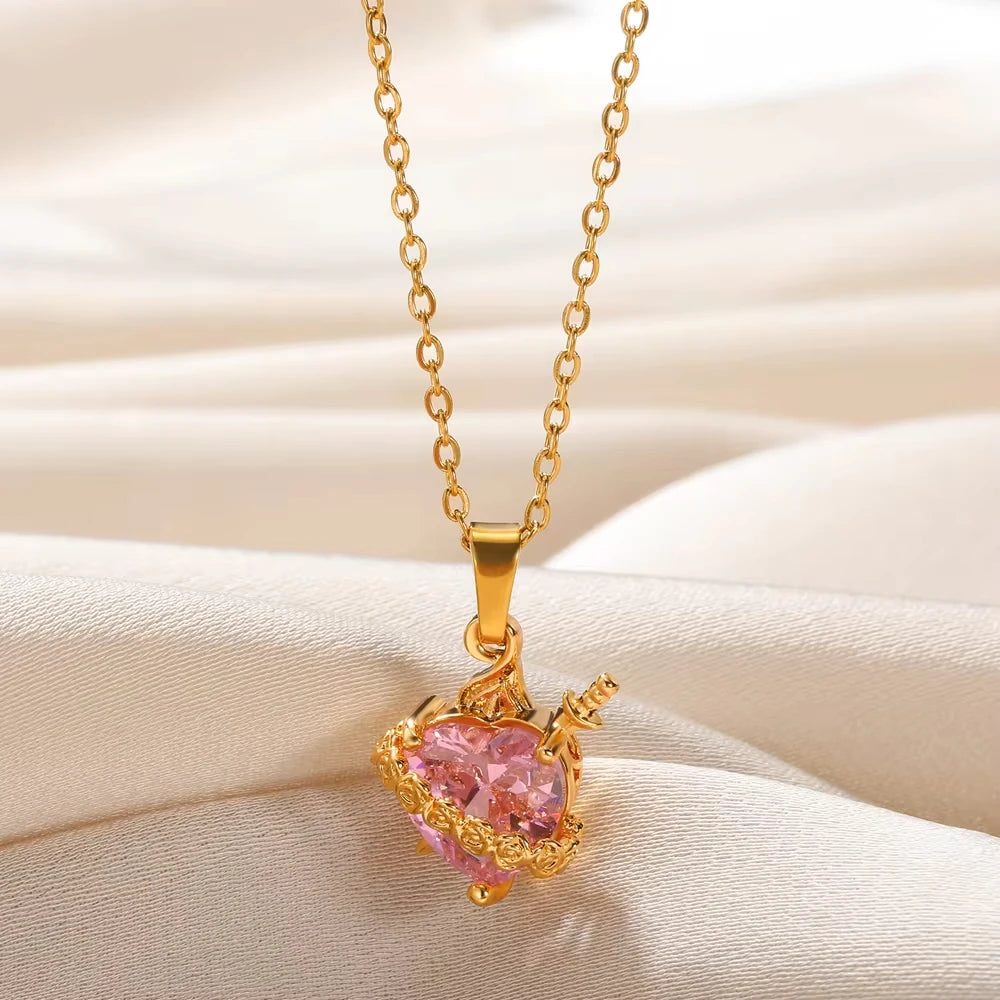 Pink Heart Zircon Necklace Gold Color Stainless Steel Cupid Eros Arrow Heart Pendant Necklace Korean Fashion Jewelry Party