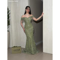 Contessa Custom Sage Green Off Shoulder Tassel Sleeve Mermaid Prom Dress 3D Floral Sequined Long Evening Dress Formal Party Gown