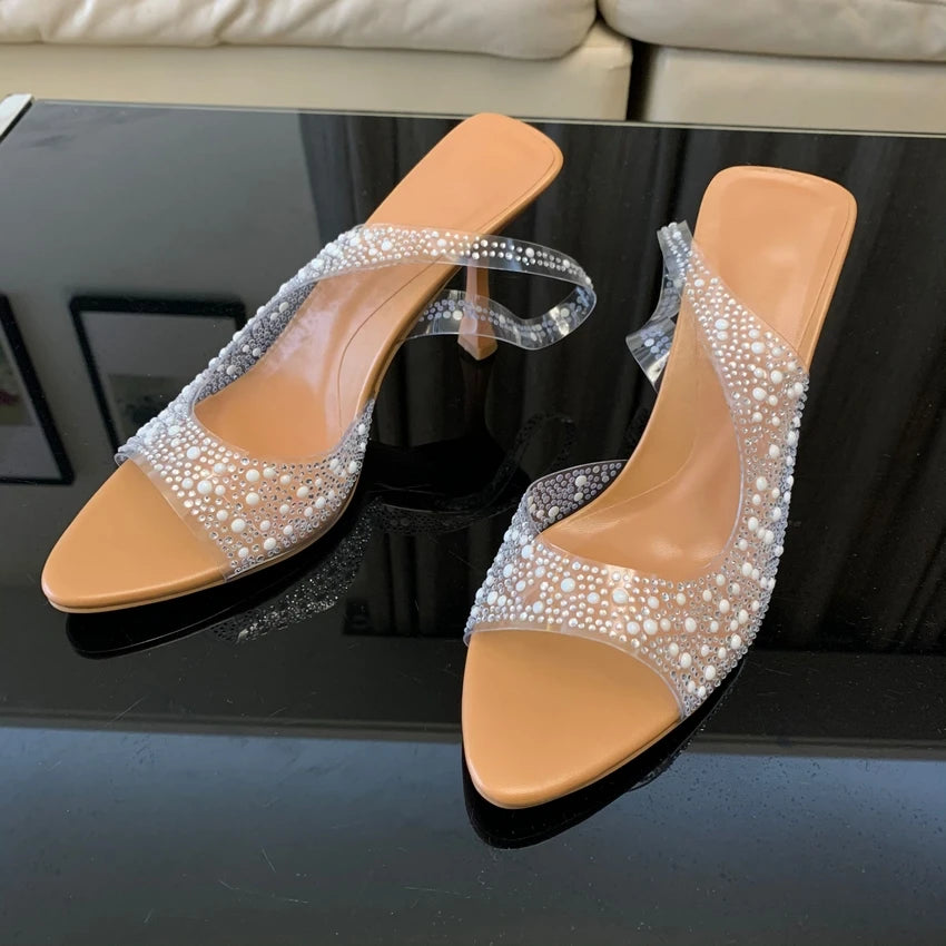 2025 Fashion Summer Women High Heels Pearl Decoration Slingback Woman Pumps Peep Toe High Heels Sandals Elegant Woman Shoes