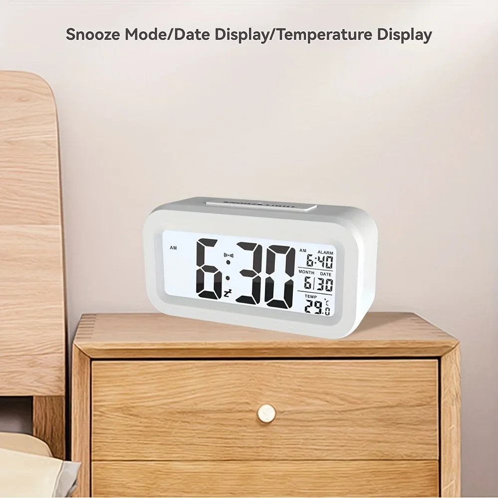 Smart Digital Alarm Clock with Intelligent Light Sensor Large LCD Screen Display Date Temperature Snooze Mode Silent Desktop Electronic Clock for Bedroom Bedside Kids Gift