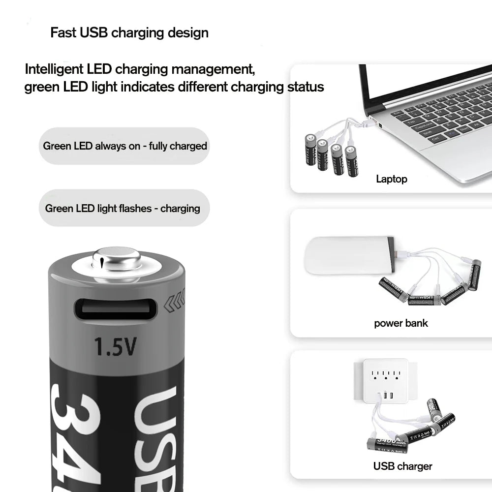 Kuugro High Capacity 1.5V 3400mWh AA Rechargeable Battery USB Type-C AA Li-ion Battery for Remote Control Smart Door Lock Toy