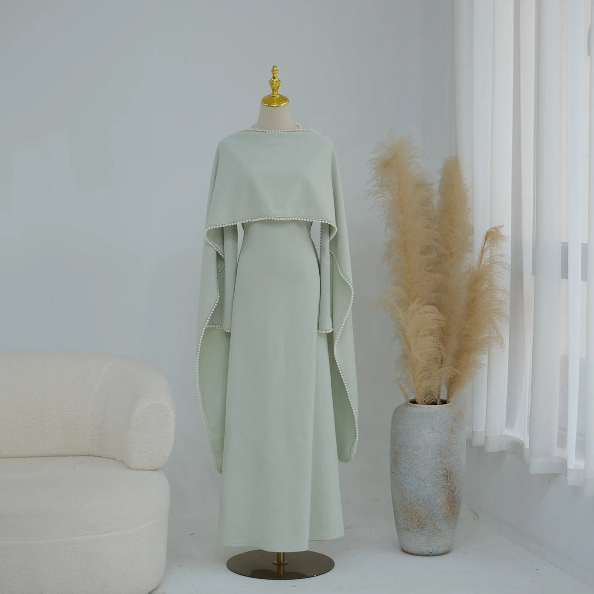 White Pearl Trim Cape Maxi Dress Women Elegant Long Sleeve Cinched Waist Muslim Robes 2026 Spring EID Abaya Lady Dresses