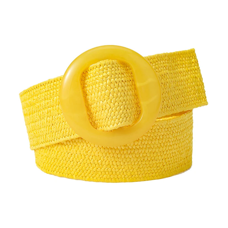 Beltox Women Straw Woven Elastic Wide Belt Solid Color with Matching Plastic Buckle