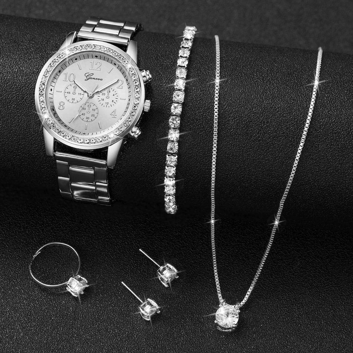 6PCS/Set Fashion Women's Quartz Watches Rhinestone Stainless Steel Band Wrist Watch Jewelry Set（Without Box）