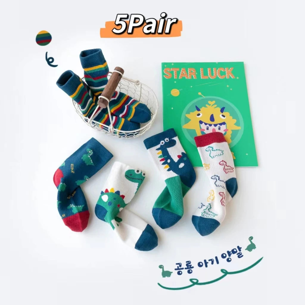 Children's Socks 5 Pairs Of Autumn And Winter New Mid-Calf Dinosaur Spring And Autumn Boys And Girls Baby Middle And Large Child