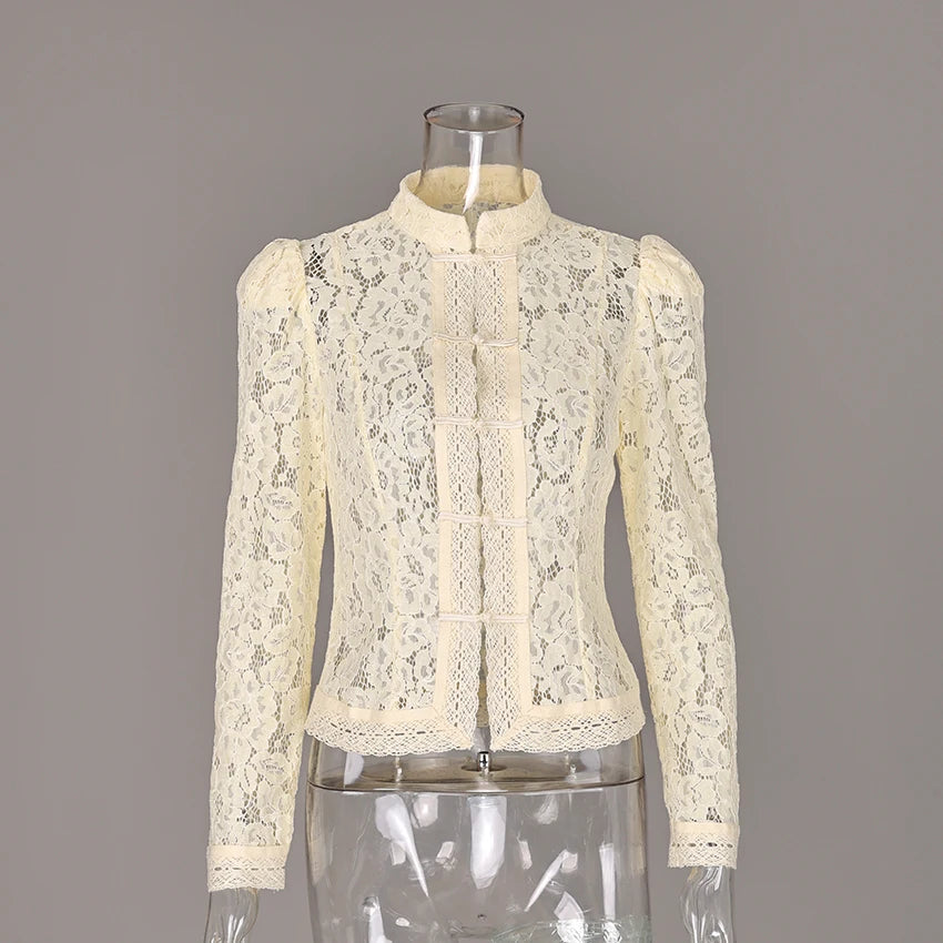Linad Elegant Embroidery Puff Sleeve White Shirts Summer Sexy Hollow Out Lace Blouse Casual Sand Collar Top 2025 Vintage Shirts