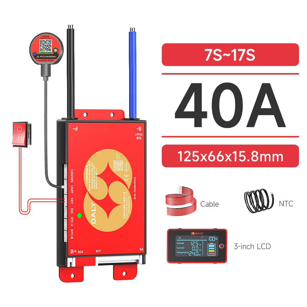 DALY Smart BMS 4S 8S 16S 40A 60A 100A 150A 200A 12V 24V 48V LiFePo4 1A Active Balance BMS with LCD RS485 UART WIFI KEY