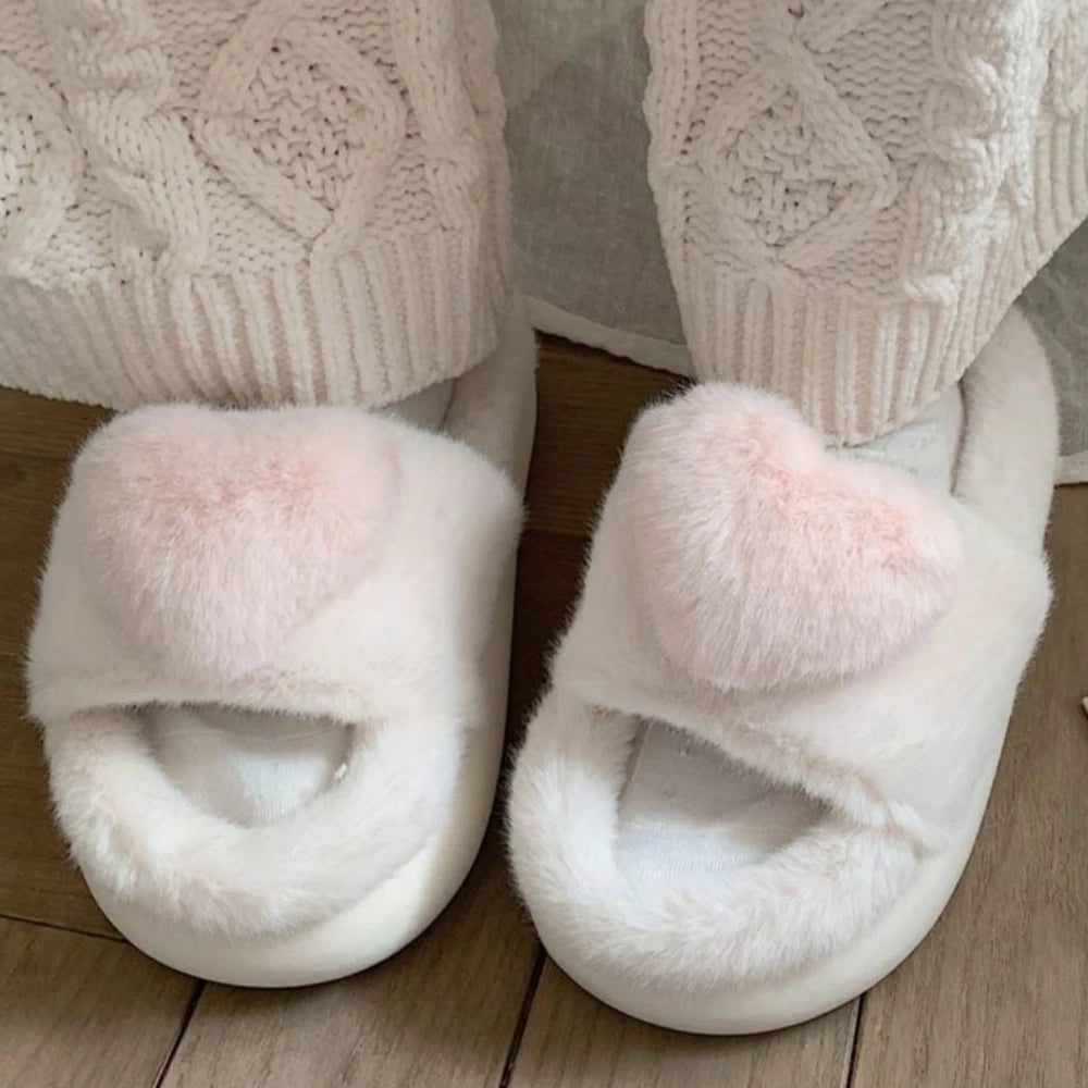 Three-dimensional Love Single Band Winter New Women Slipper Soft Heel Platform Warm Indoor Comfortable Home Fluffy Home Slippers