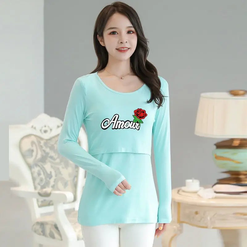 2025 Autumn Long Sleeve O-neck Postpartum Women Nursing T-shirt Maternity Breastfeeding Top Pregnancy Lactation Tees 7 Colors