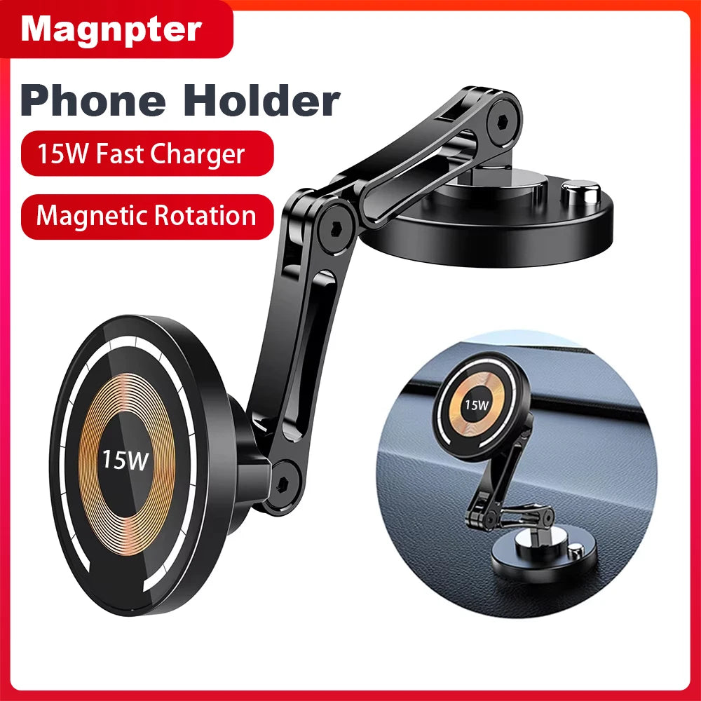 15W Magnetic Car Phone Holder Mount Wireless Charger Rotation Magnetic Car Phone Stand Fast Charging for IPhone 16 15 14 13 12