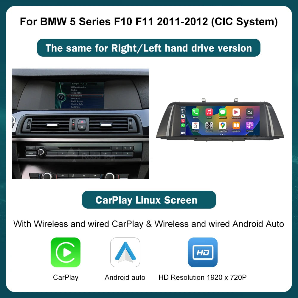 RoadTop Wireless CarPlay Touch Screen For BMW Series 5 F01 F10 F11 G30 2011-2023 CIC NBT EVO Multimedia Radio Linux System
