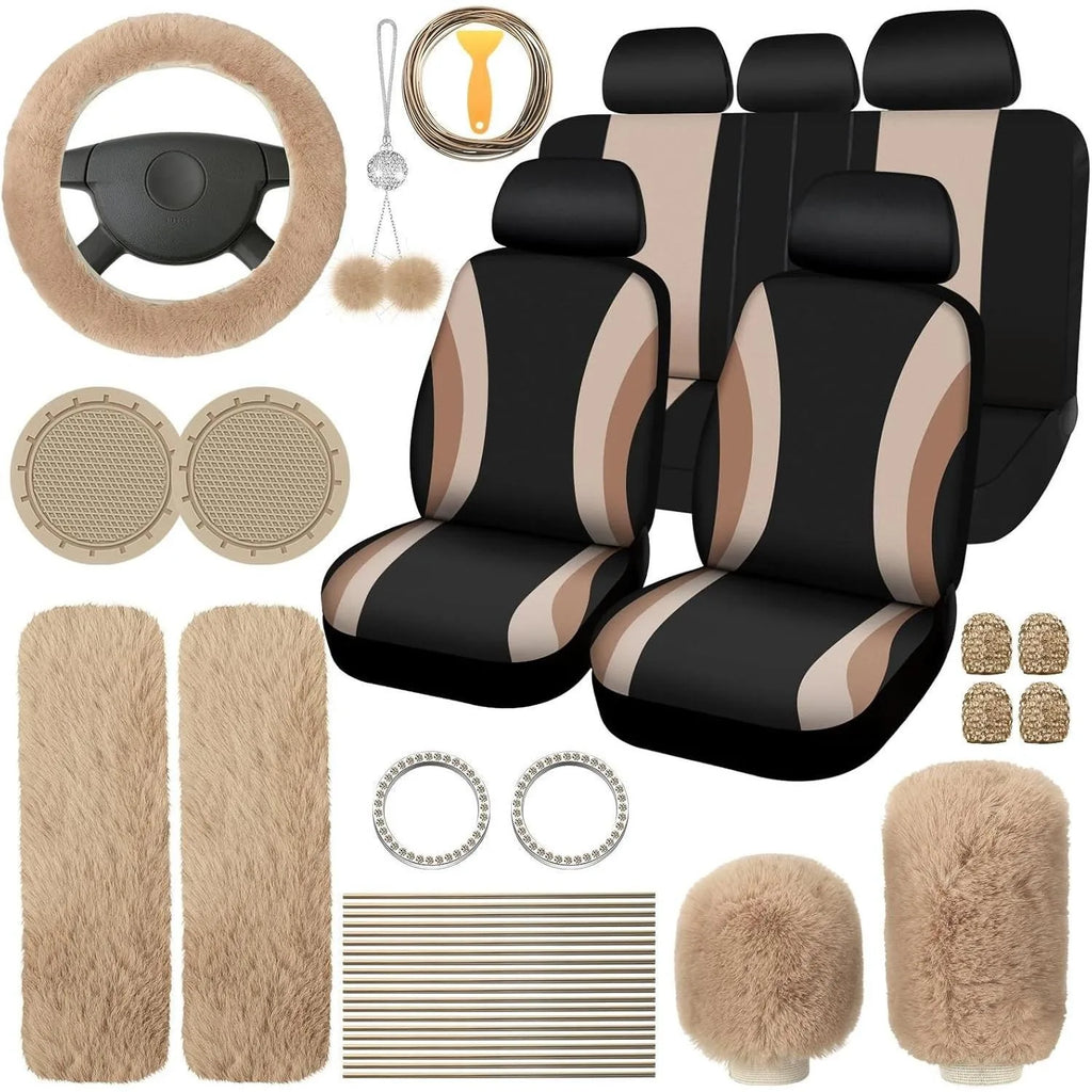 Fluffy Cute Women Car Accessories Set 45pcs Blue Steering Wheel Cover Seat Belt Handbrake Gear Shift Covers Great Gift