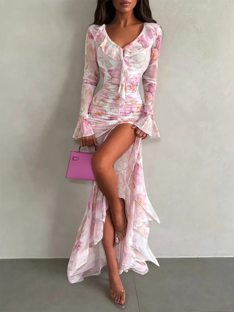 Women Pink Floral Print Maxi Dress Elegant V Neck Ruffle Trim Flare Sleeve Ruched High Chiffon Dresses 2026 Lady Party Vestido