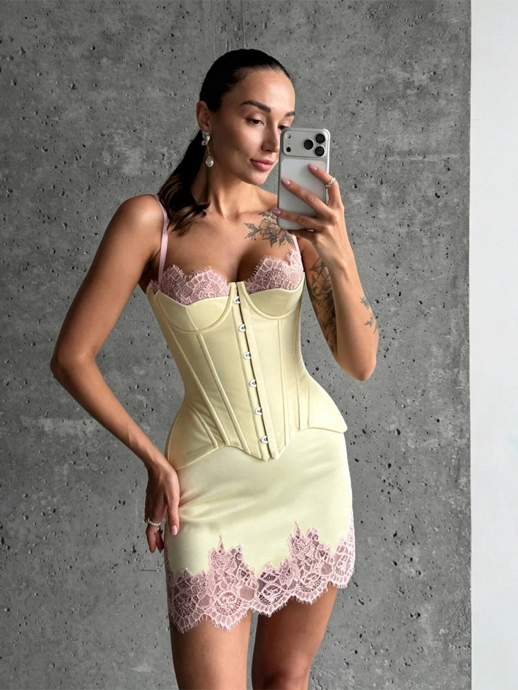 Sexy White Satin Corset Two Piece Set Fashion Women Black Lace Trim Sleeveless Bodycon Sets 2026 Summer New Party Street Outfits
