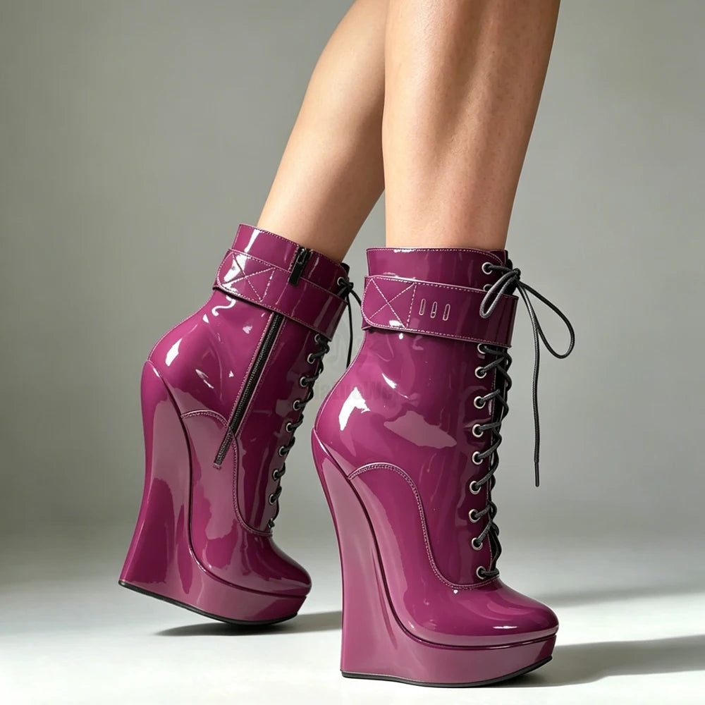 jialuowei Women Sexy Fetish Super High 18cm Super Wedge Heel Pointed Toe Zipper Cross-tied Ankle BALLET Boots Plus Size
