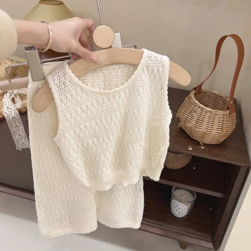 Girl's Clothing Sets Summer Korean Thin Knitted Girl Set Children Hollow Breathable Vest + Wide Leg Pants Two-piece Suit