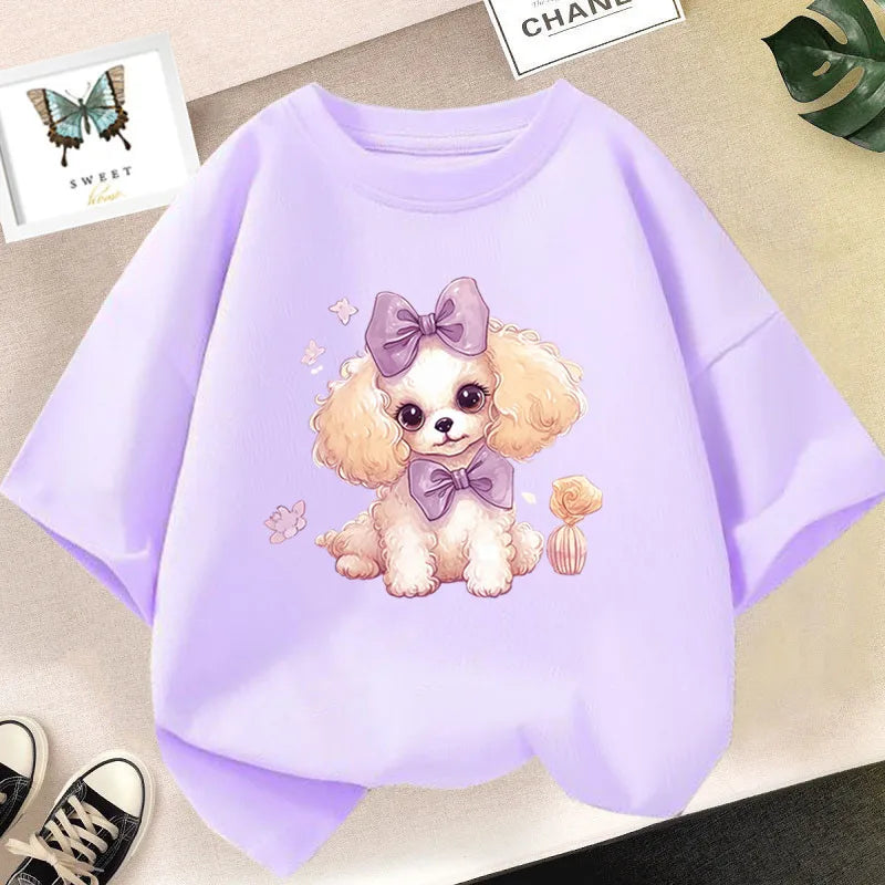 Girls Cotton Cute Cat/dog Graphic T shirt Summer Fashion Vintage Personality Kawaii Purple clothes Short Sleeve Tops