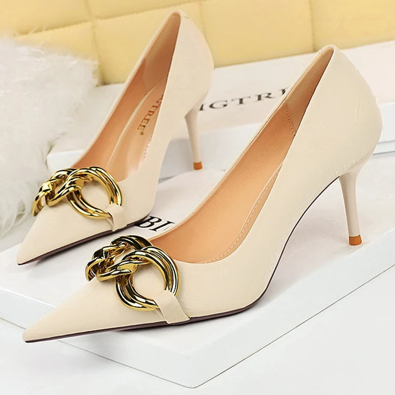 Women 7.5cm 9.5cm High Heels Escarpins Pumps Lady Metal Chain Low Heels Fetish Nightclub Slim Fit Party Green Office Prom Shoes