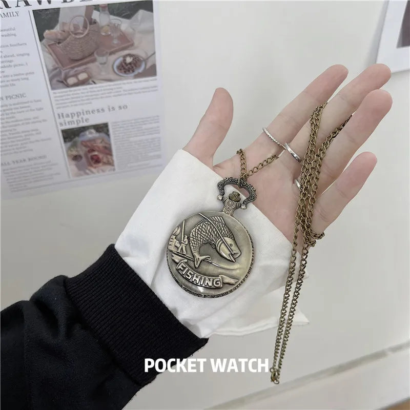 Best Gifts Luxury Gold Quartz Pocket Watch Design Fishes Necklace Pendant Pocket Watch Clock for Mens Womens