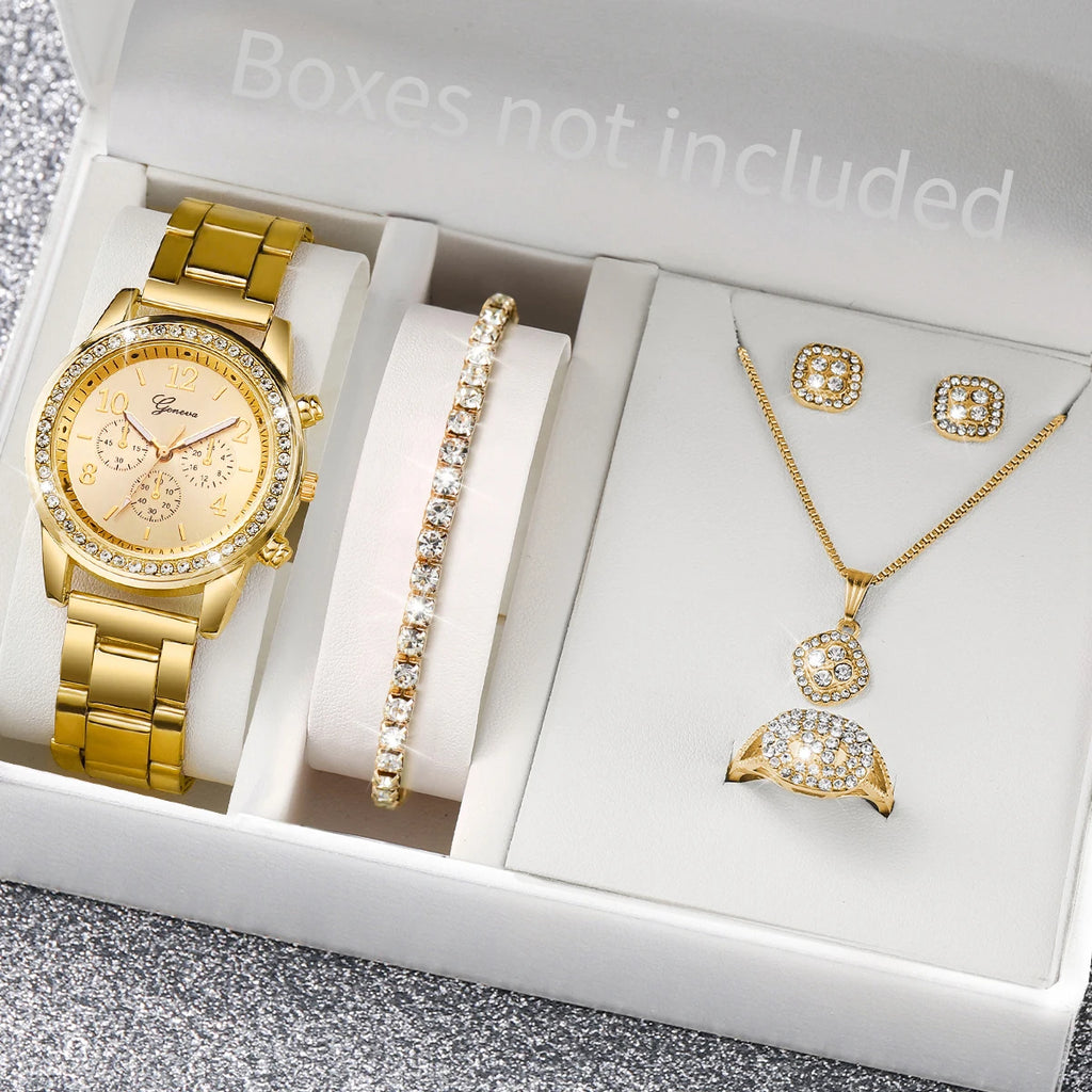 6PCS/Set Women's Watch Fashion Rhinestone Stainless Steel Band Quartz Watch Jewelry Set Reloj Mujer (Without Box)