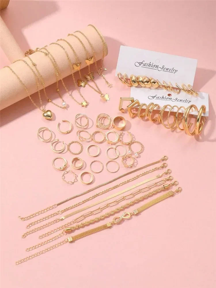 New 57 Pcs/Set Fashion Jewelry Sets For Women Metal Wide Face Earrings Necklaces Bracelets Ankles Rings Combinations Set Jewelry