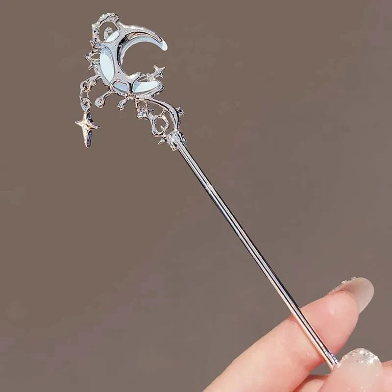 Vintage Moonstone Star Moon Hair Sticks for Women Chinese Style Cross Tassel Hairpin Disk Hair Chopsticks Hair Accessories