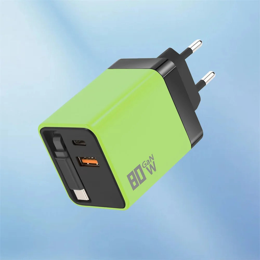 80W GaN USB Type C Charger Fast Charging With Built-in PD Cable USB C Quick Charger EU/US/UK Plug For iPhone 17 16 Xiaomi Huawei