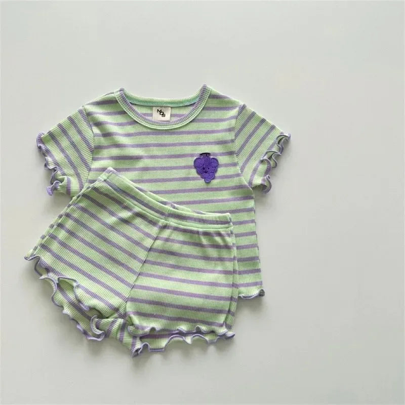 Summer New Baby Striped Short Sleeve Clothing Set Girl Ear Edge Tops + Short 2 Pieces Suit Kids Grape Pattern Clothes Items