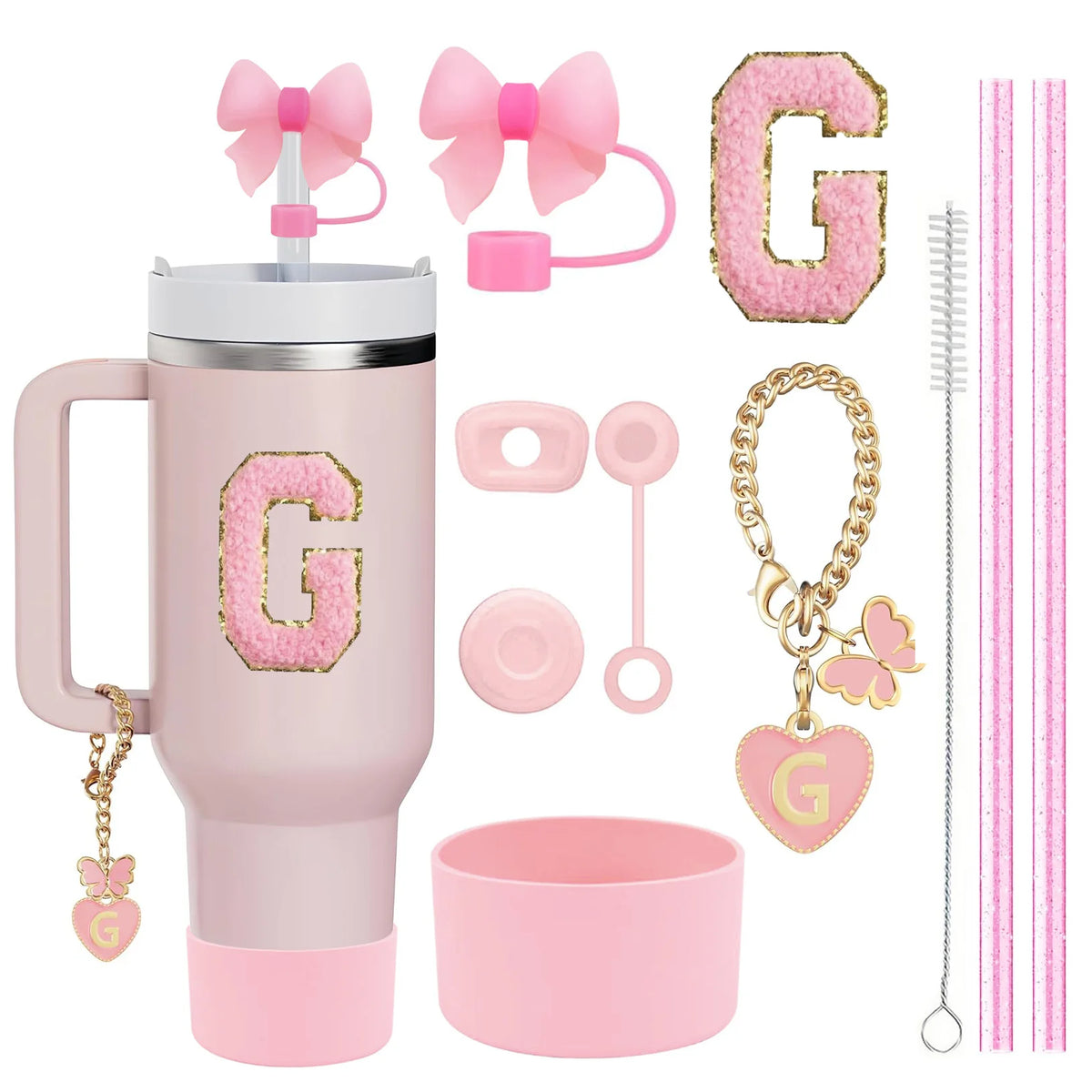 10PCS Accessories Set for Stanley Cup, 2 Straw and Brush and 1 Flower Charm Chain 3 Spill Proof Stopper Flowers Straw Cover Boot