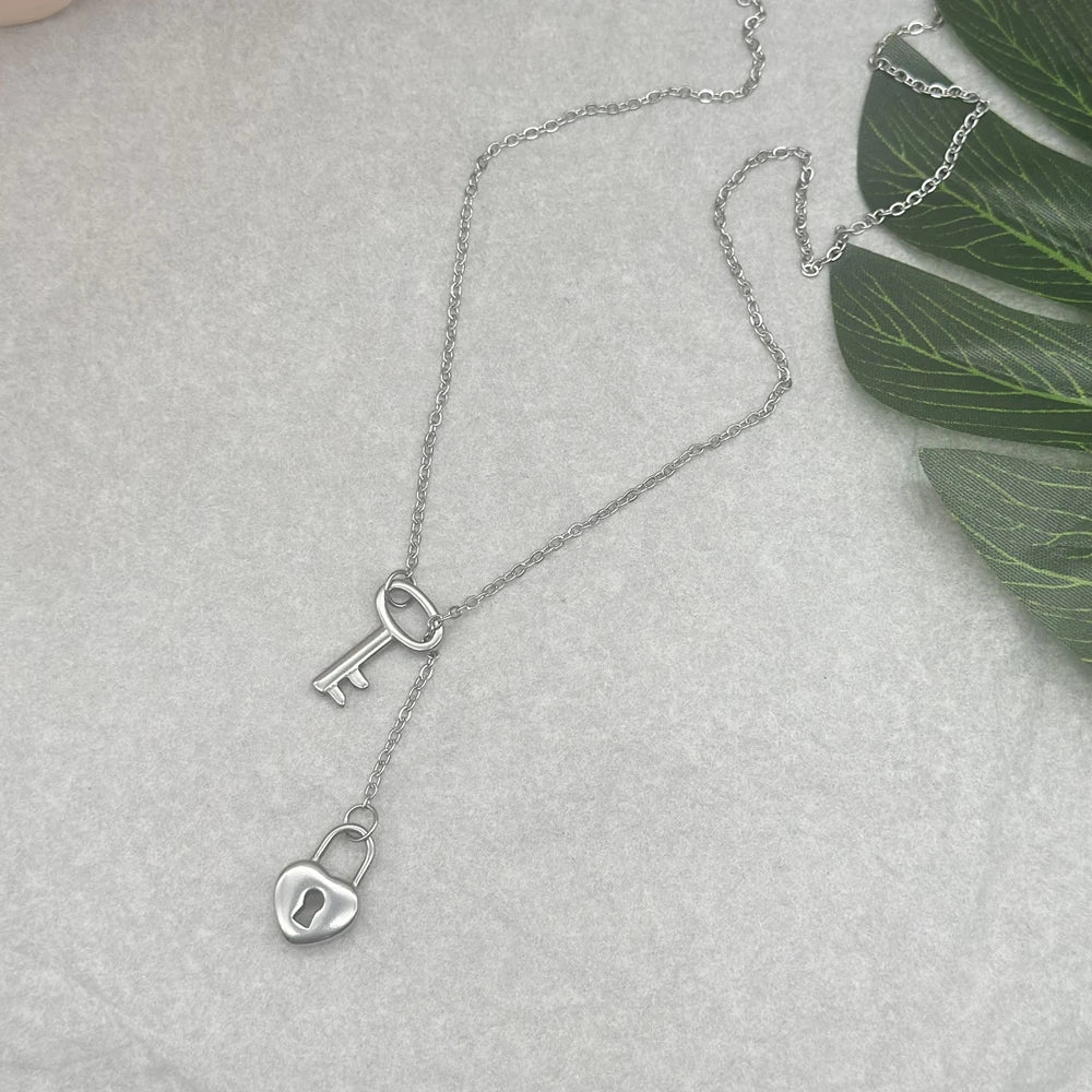 Key to My Heart Lock and Key Lariat Necklace Stainless Steel Dainty Love Padlock Key Y Necklace Valentine Necklace Gift for Her