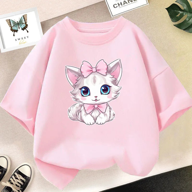 Girls Cotton Cute Cat/dog Graphic T shirt Summer Fashion Vintage Personality Kawaii Purple clothes Short Sleeve Tops
