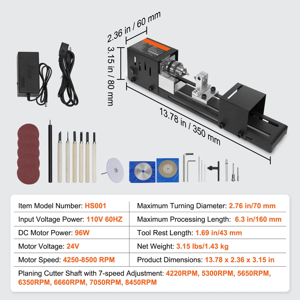 SucceBuy Mini Wood Lathe Machine 2.76inx6.3in 24VDC 96W Machine Accessories 7 Speed s for DIY Woodworking Wood Drill Rotary Tool