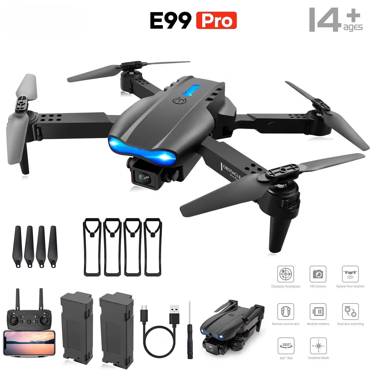 2026 Upgraded E99 PRO MAX Foldable Drone with Dual Camera 4K HD, Screen Remote Control, 2 Batteries 40Min Flight Time, One Key Return, LED Lights, Mini RC Quadcopter for Adults Beginners, Black Friday Christmas Gift