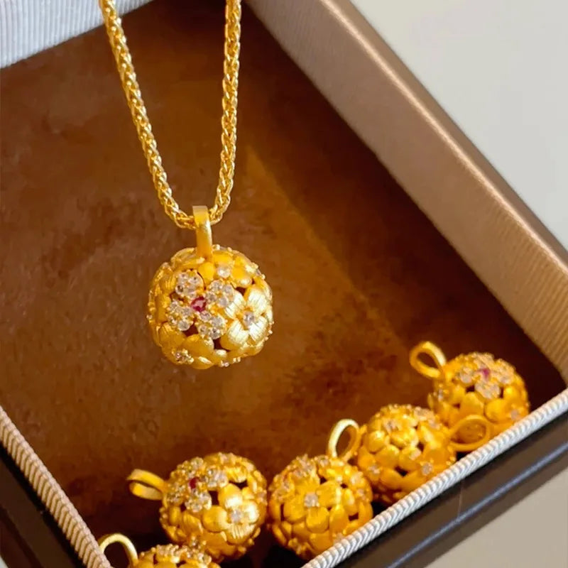 Luxury 24K 9999 Pure Gold real gold Women's Hollow Brushed Drill Embroidered Ball Pendant Necklace