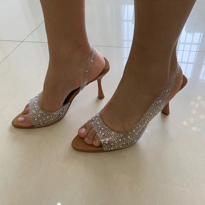 2025 Fashion Summer Women High Heels Pearl Decoration Slingback Woman Pumps Peep Toe High Heels Sandals Elegant Woman Shoes