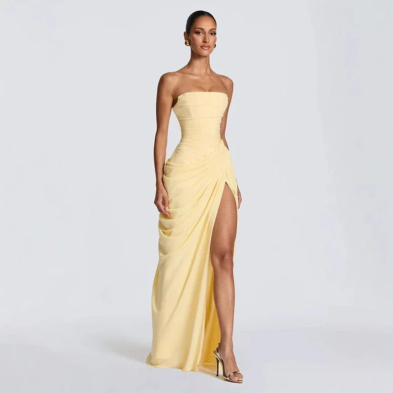 Sexy Pleated Crop Top Long Dress Women Solid Sleeveless Backless High Split Party Dresses Female 2026 Spring Summer Robe New