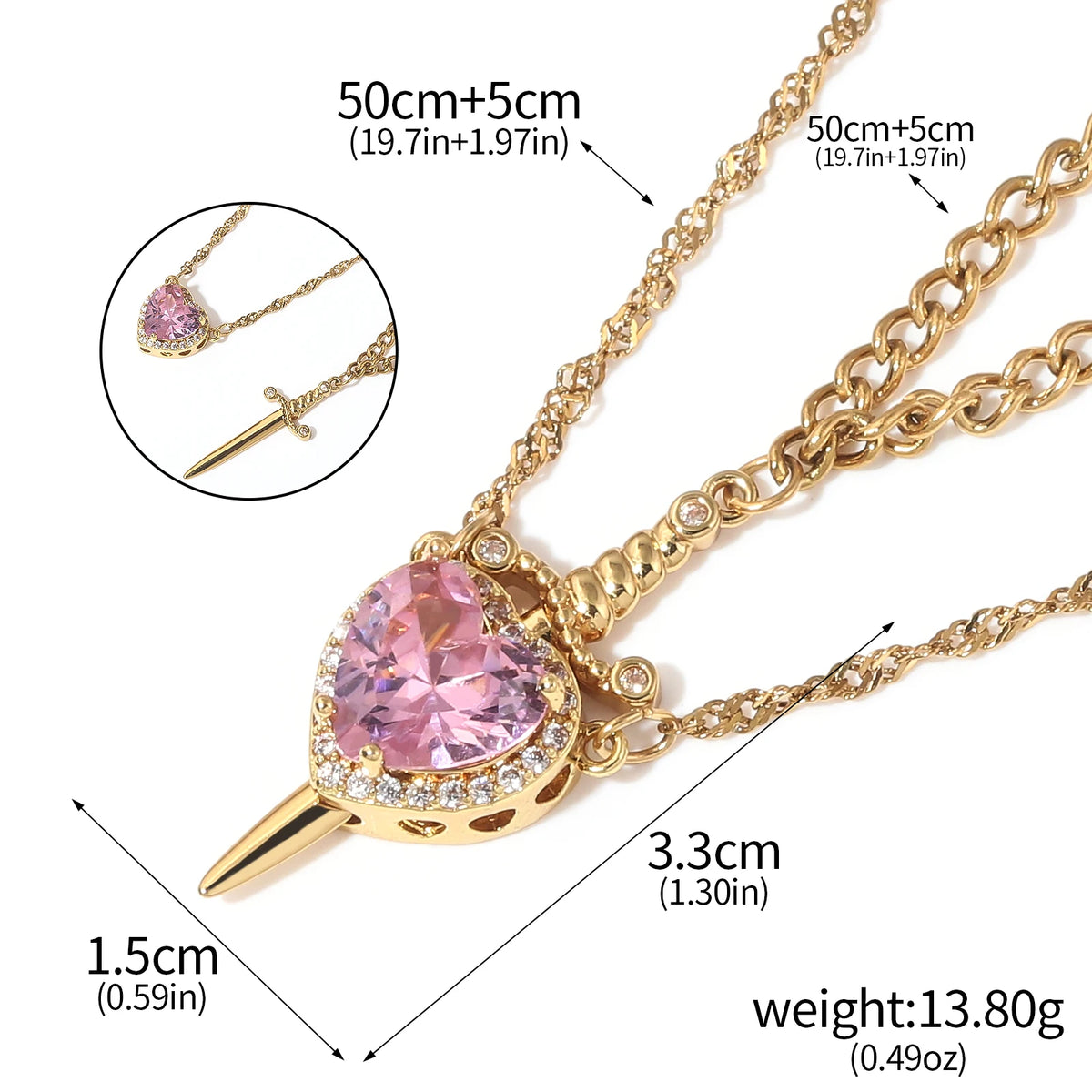 LATS 2pcs Can Be Assembled Heart and Sword Zircon Pendant Necklace for Women Men Couple Silver Gold Plated Choker Chain Jewelry