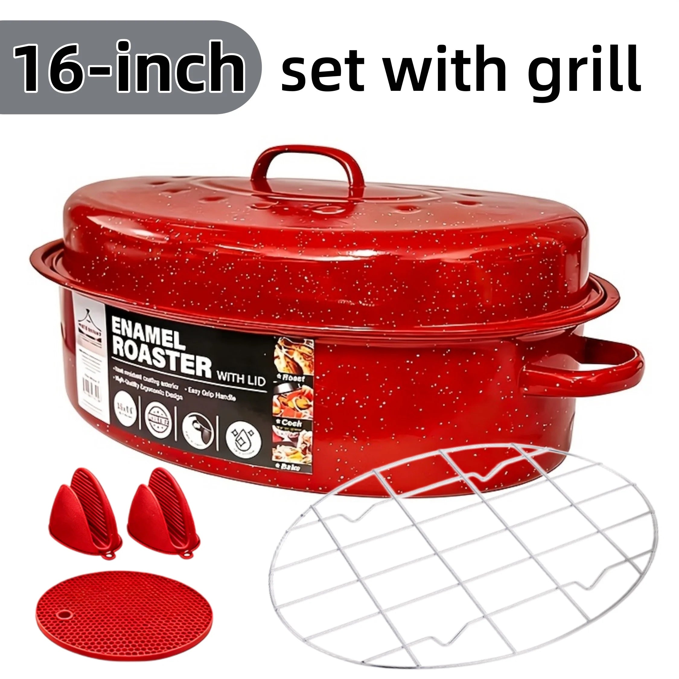 16 Inch Roasting Pan with Lid-Covered Oval Roaster-Enamel Carbon Steel Roaster Pot-Excellent Heat Distribution and Non-sticky - for Turkey Chicken Meat & Vegetables -Birthday and Holiday Gifts