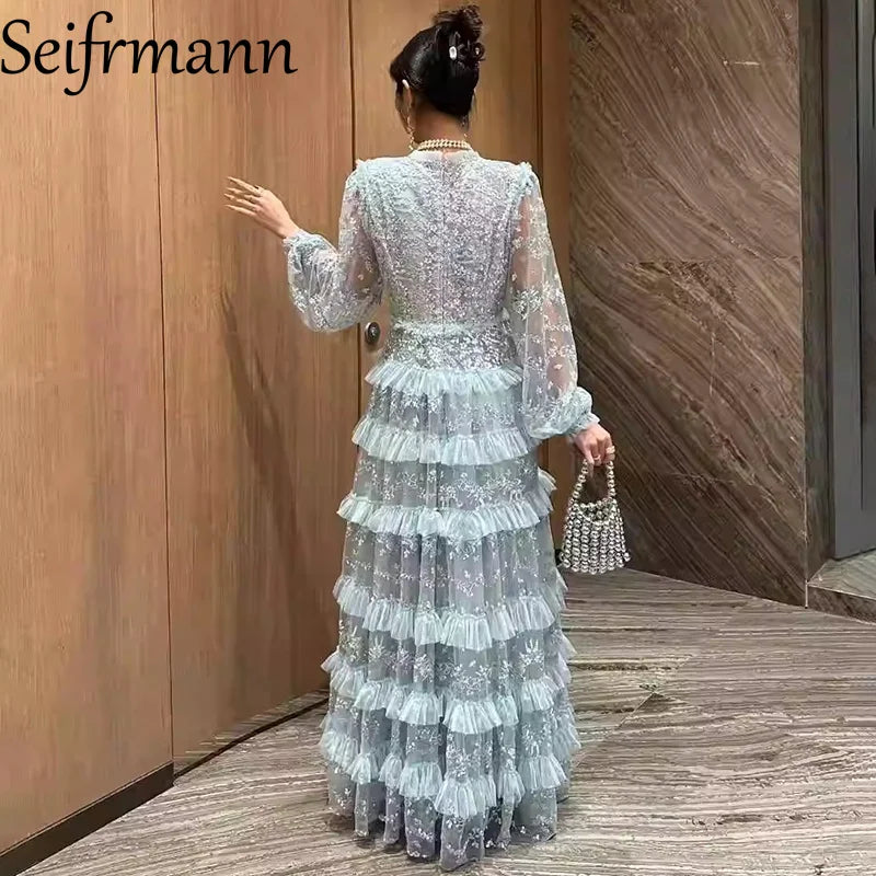 Seifrmann 2026 Spring Women's New Fashionable Round Neck Long Sleeve Mesh Embroidered Waist cinching Long Dress