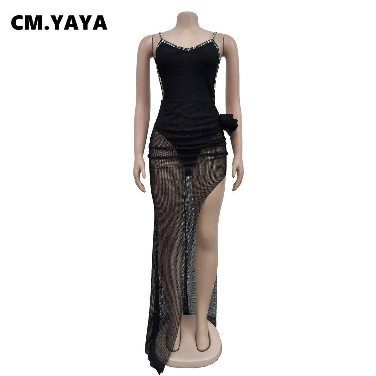 CM.YAYA Women Spaghetti Strap Diamonds Hot Rhinestones High Side Split Mesh Maxi Dress 2024 Sexy Club Even Party Dresses Vestido