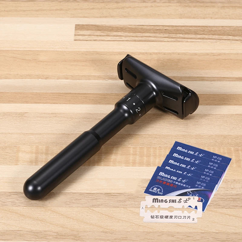 Adjustable Safety Razor for Men Matte Black Manual Shaver Double Edge Razors Reusable Metal Razor for Smooth Close Shaving