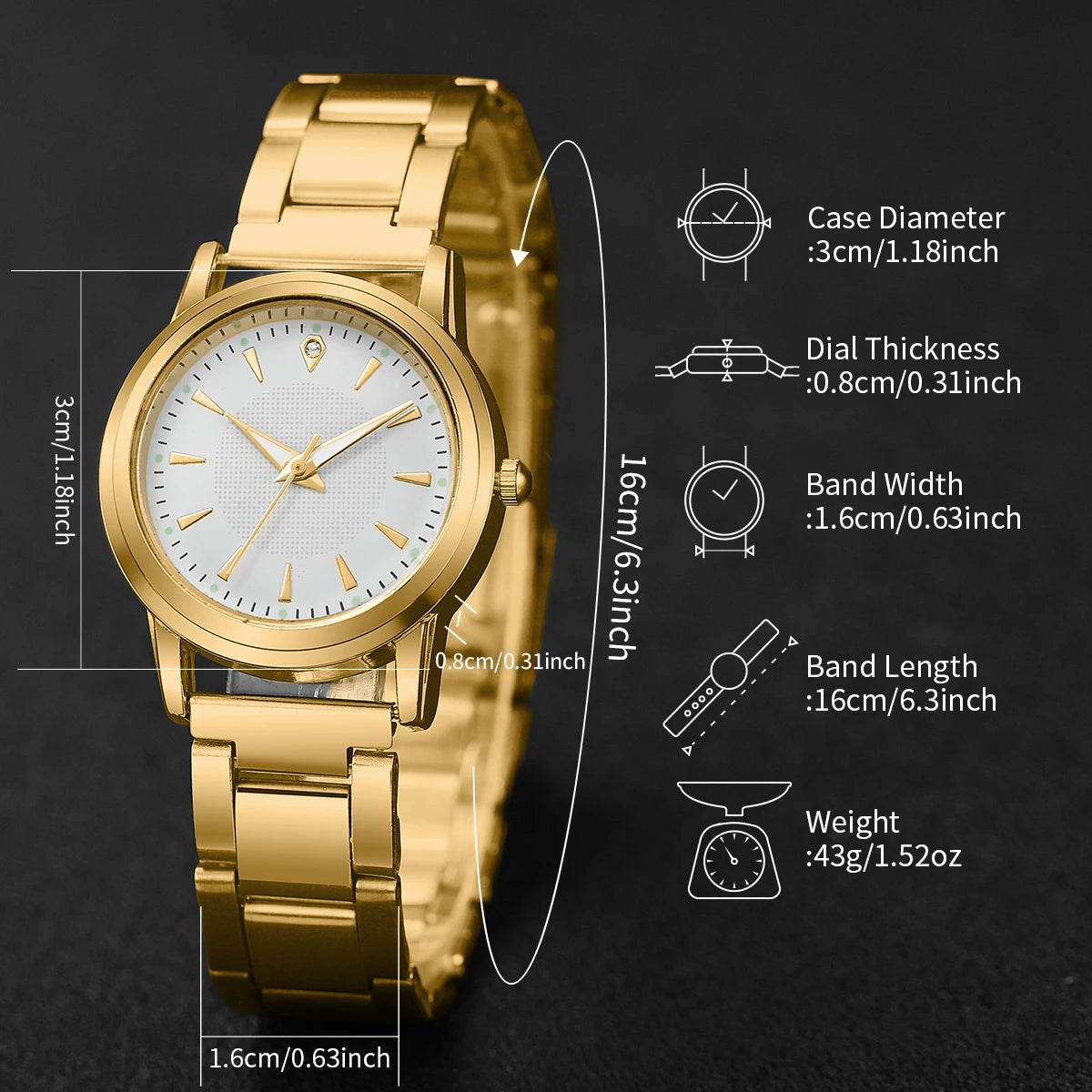 6PCS/Set Fashion Women Watches Gold Plated Band Ladies Quartz Watch Rhinestone Jewelry Set Relogio Feminino（Without Box）