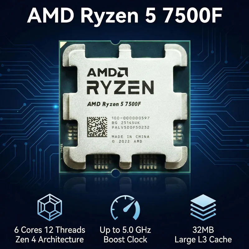 R5 7500F AMD Used Ryzen 5 7500F  6C/12T 65W 5NM L3=32M 100-000000926 Socket AM5