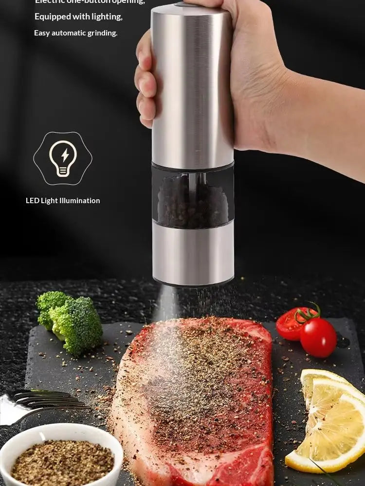 Battery‑Powered Salt and Pepper Grinder Set Stainless Steel Automatic Spice Mill With LED Indicator Light For Home Kitchen