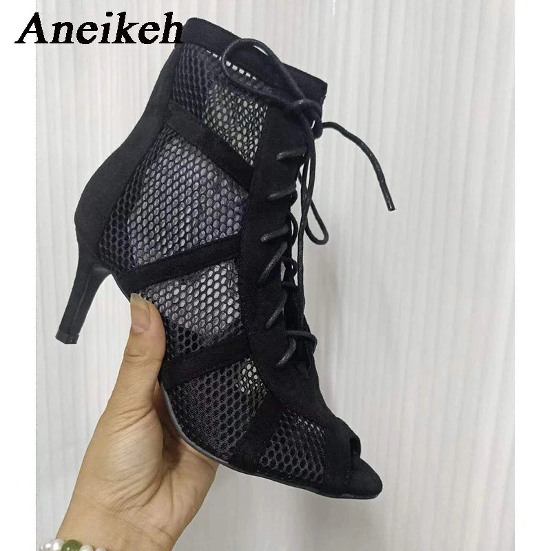 Aneikeh 7CM Middle Heel Dance Hollow Out Ankle Strap Sandal Boots 2025 Fashion Summer Lace Up Cross-tied Peep Toe Lady Shoes